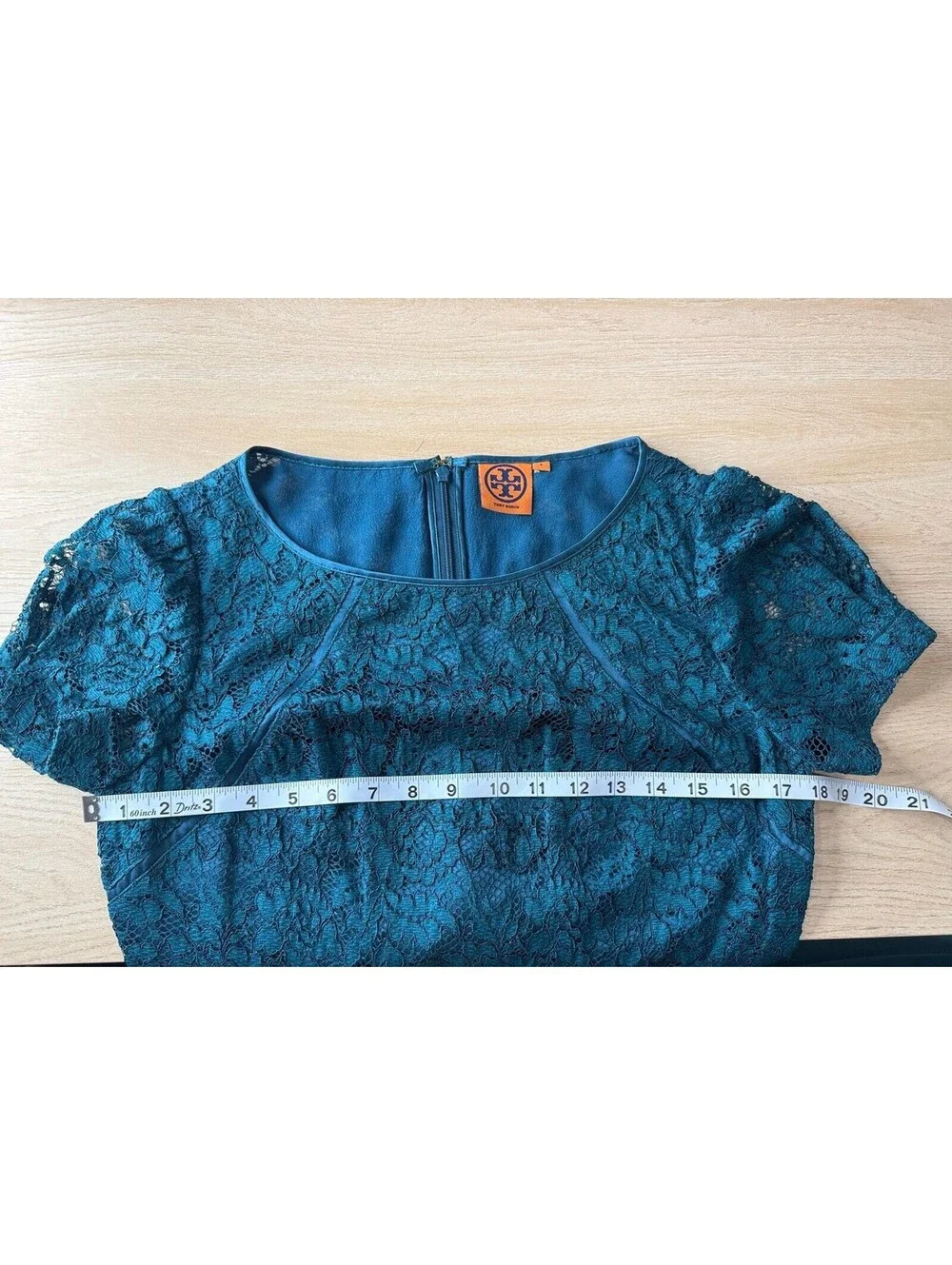 Tory Burch Teal Lace Cocktail Dress 8 Silk Ruffle Puff Sleeve